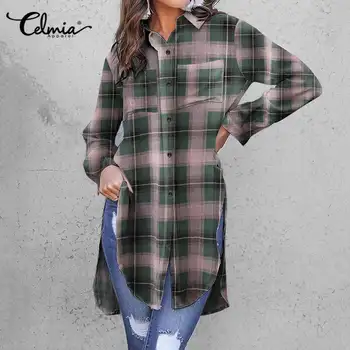 Mode til Kvinder Bluser 2021 Celmia Vintage Plaid Skjorter Kvindelige Asymmetrisk Casual Lange Toppe Skar Løs Knapper Arbejde Blusas 5XL
