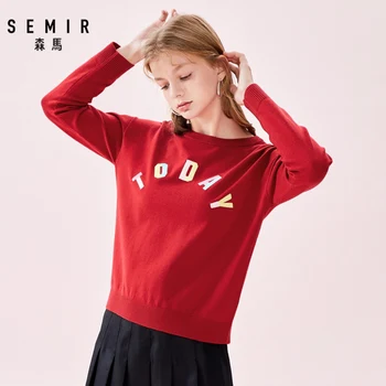 Semir Sweater kvinder 2019 forår og efterår nye kontrast farve broderi pullover lille frisk rød strik bunden sweater