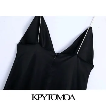 KPYTOMOA Kvinder 2021 Sexet Mode Med Rhinestone Stropper Slids Detalje Midi Kjole Vintage Backless Split Hem Kvindelige Kjoler Mujer