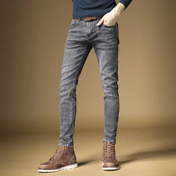 Business Mænd Stretch Jeans Straight Bukser, Slim Fit Streetwear Efterår Og Vinter Mørk Grå Denim Bukser