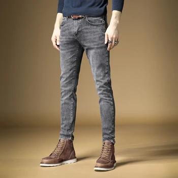 Business Mænd Stretch Jeans Straight Bukser, Slim Fit Streetwear Efterår Og Vinter Mørk Grå Denim Bukser