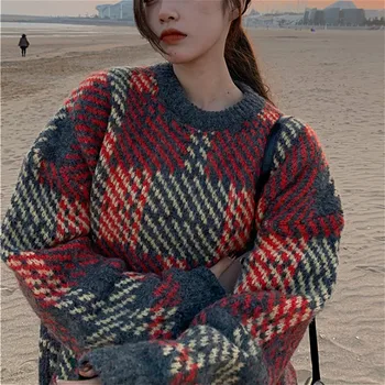 Kimutomo Vintage Varm Sweater Kvinder Foråret Efteråret Korea Stil Damer O-hals Ternet langærmet Tyk Pullovere Outwear Løs