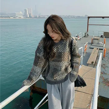 Kimutomo Vintage Varm Sweater Kvinder Foråret Efteråret Korea Stil Damer O-hals Ternet langærmet Tyk Pullovere Outwear Løs