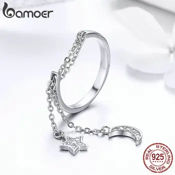 BAMOER Ægte 925 Sterling Sølv Måne og Stjerne Kæde Justerbar Finger Ringe til Kvinder S925 2019 Nyt Design SCR407