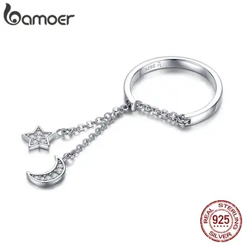 BAMOER Ægte 925 Sterling Sølv Måne og Stjerne Kæde Justerbar Finger Ringe til Kvinder S925 2019 Nyt Design SCR407
