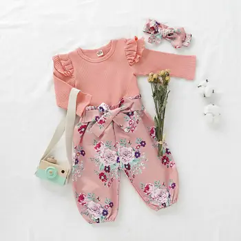 Nyfødte Baby Pige Blomstret Tøj, Strik, Toppe Sparkedragt+Blomst Bukser Outfits Sæt