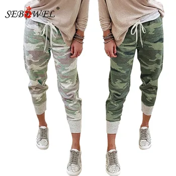 SEBOWEL Mode Casual Women ' s Camouflage Bukser med Lommer Kvindelige Snor Elastisk Linning Bukser Lady Camo Print Bukser