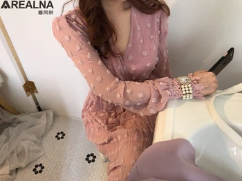 2020 efteråret Kvinder Maxi Kjole med lange Ærmer-pink Blonder sexet-v-hals Runway Kjole koreansk mode Office lady Party kjoler Vestidos