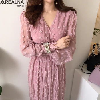 2020 efteråret Kvinder Maxi Kjole med lange Ærmer-pink Blonder sexet-v-hals Runway Kjole koreansk mode Office lady Party kjoler Vestidos