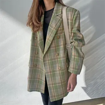 HziriP Kort Plaid Fashion Alle-Match Retro Løs Streetwear 2020 Geometriske Vintage Chic Høj Kvalitet Kontor Dame Blazere Til Kvinder