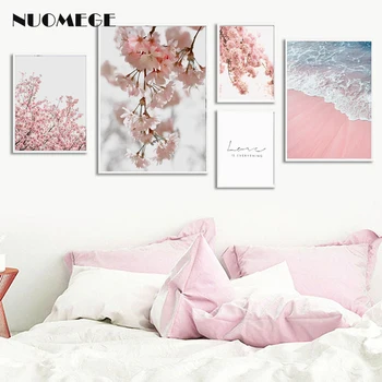 Pink Blomst Kronblade Romantisk vægdekoration Maleri Sea Beach Plakat og Print Væg Kunst, Lærred Ingen Indrammet til stuen