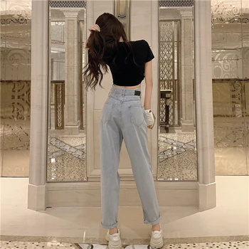 Nyt Lys Blå Hul Jeans Kvinde 2020 Nye Sommer Høj Talje Street Løs Denim Lige Bukser Kvinde Smarte Koreansk Mode Jean