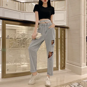 Nyt Lys Blå Hul Jeans Kvinde 2020 Nye Sommer Høj Talje Street Løs Denim Lige Bukser Kvinde Smarte Koreansk Mode Jean