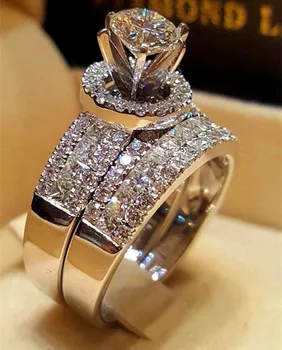 Luksus Krystal Kvindelige Stor Queen-Ring Sæt Mode Sølv Farve Med Brudekjoler, Vielsesringe For Kvinder Løfte Om Kærlighed, Engagement Ring
