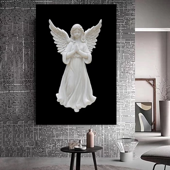 Sort og Hvid Engel Statuer Plakat Lille Pige Skulptur Lærred Maleri Væg Kunst, Billeder, Stue, Soveværelse Indretning