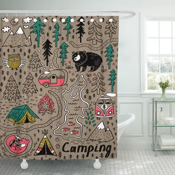 Sjove Kort Natur Landskab Camping og Søde Dyr badeforhæng Vandtæt Polyester Stof 72 x 78 cm-med Kroge