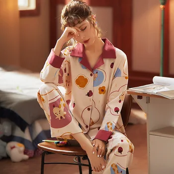 NIGHTWA Efteråret Pyjamas Sæt Kvinders Bomuld langærmet Cardigan med Revers Tegnefilm Løs Store Størrelse Kvinder Homewear Cute pyjamas Pyjamas