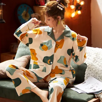 NIGHTWA Efteråret Pyjamas Sæt Kvinders Bomuld langærmet Cardigan med Revers Tegnefilm Løs Store Størrelse Kvinder Homewear Cute pyjamas Pyjamas