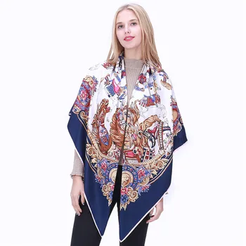 Twill Silke Tørklæde 130*130cm Luksus Brand Design Foulard femme Blomster Print Stor plads Tørklæder Kvinder Mode Sjal