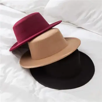 Ny Klassisk ensfarvet Følte Fedoras for Mænd, Kvinder Kunstig Uld Blanding Jazz Cap Wide Brim Enkle Kirke Derby Flad Top Hat