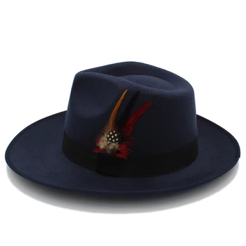 Unisex Retro Uld Fedora Derby Trilby Hat med Sort Bånd Fasan Fjer Band Bowler C Crown Dråbeformet Cap (One-Size-58cm)