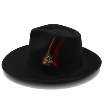 Unisex Retro Uld Fedora Derby Trilby Hat med Sort Bånd Fasan Fjer Band Bowler C Crown Dråbeformet Cap (One-Size-58cm)