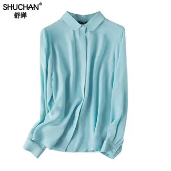 Shuchan Basic Bluse Kvinder Med Lange Ærmer Naturlig Silke Cardigan Fast Kontor Dame Kvinder Shirts Af Høj Kvalitet Himmel Blå Hvid