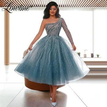 Tilpassede Krystaller Perlebesat Festkjole 2020 Te Længde Korte Prom Kjoler, En Skulder Arabisk Kjoler Kvinde Part Nat Kjoler