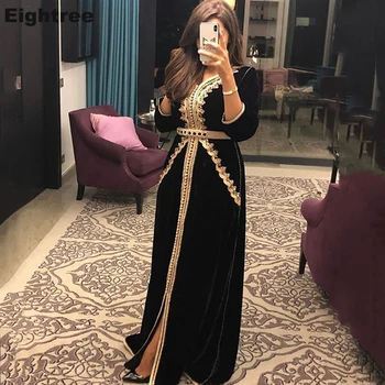 Eightree Black Moroccan Caftan Evening Dresses V Neck Lace 3/4 Long Sleeve Muslim Special Occasion Dresses Outfit Party Gowns
