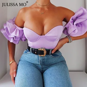 JULISSA MO Off Skulder Puff Ærmer Bluse Kvinder Shirt Sommer Stropløs Backless Slim Tee 2020 Kvindelige Vintage Flæser Blusas Top
