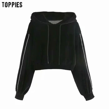 Toppies Mode Beskåret Hættetrøjer Kvinde, Sweatshirts Vintage Black Velvet Pullovere Kvindelige Jumpere