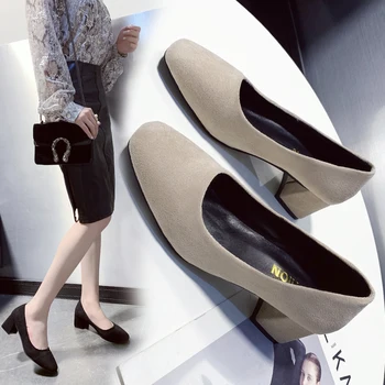 2020 spring nye høje hæle koreanske vilde firkantet hoved lavvandede munden ruskind komfortable kvinders enkelt sko Pumps