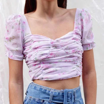 ArtSu Boheme-Mesh-Shirt Lilla T-shirt til Kvinder, søde Søde Blomster Afgrøde Top Casual 2020 Sommer Kort Ærme t-Shirts Kvindelige ASTS21588