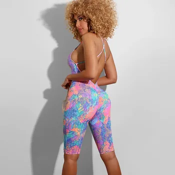 Uafgjort Farvning Print Backless Buksedragt Rompers Bukser Clubwear 2020 Nye Sexede Kvinder Ærmeløs Rem Rompers Playsuit Sommer Shorts