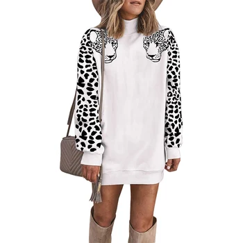 Efteråret Leopard Printet Lang Sweatshirt Kvinder Patchwork Rullekrave Midi-Pullovers Kvindelige 2020 Vinter Streetwear Damer Sweatshirt