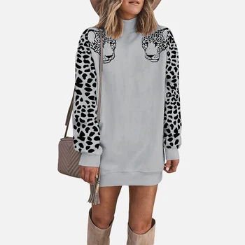 Efteråret Leopard Printet Lang Sweatshirt Kvinder Patchwork Rullekrave Midi-Pullovers Kvindelige 2020 Vinter Streetwear Damer Sweatshirt