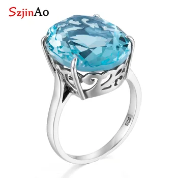 Szjinao Hot oval aquamarine ringe 10ct ædelsten, Marts birthstone 925 sterling sølv, romantisk kvinde ring til bryllup engagement