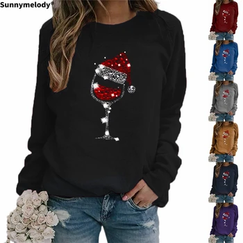 Julen 2020 Damer hoodie Santa Hat, rød vin cup, mønstrede, rund hals og lange ærmer hættetrøje