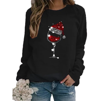 Julen 2020 Damer hoodie Santa Hat, rød vin cup, mønstrede, rund hals og lange ærmer hættetrøje