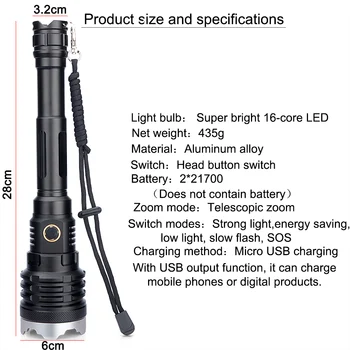 XHP160 Blænding Lommelygte LED-16-Core Fakkel USB-Genopladelige Lanterna Taktiske Hånd Flash Lys Zoomable til Jagt, Vandreture