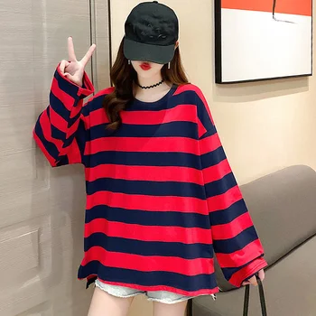 T-shirts til kvinder harajuku Stribet Patchwork foråret rød langærmet O-Hals kvinder ' s T-Shirt koreanske Afslappet oversize T-Shirt, Toppe