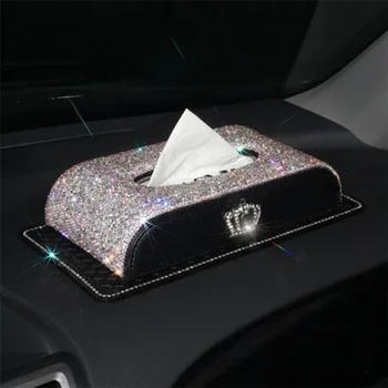 Læder Bil Tissue Box Crown Krystal Rhinestone, der er omfattet Indehaveren Blokere for Opbevaring af Papir Bilen Tilbehør Til Kvinder, Piger