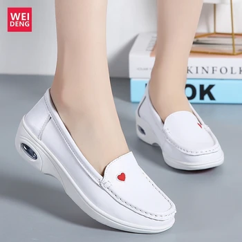 WeiDeng Kvinder Kærlig Sygeplejerske Casual Sko i Ægte Læder Fritid Kvindelige Loafers Slip På det Bløde Lys Platform Højde Stigende 4cm