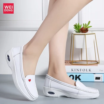 WeiDeng Kvinder Kærlig Sygeplejerske Casual Sko i Ægte Læder Fritid Kvindelige Loafers Slip På det Bløde Lys Platform Højde Stigende 4cm