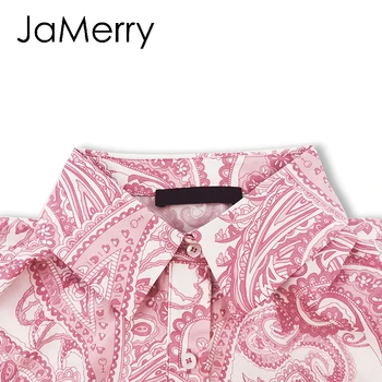 JaMerry Casual pink print, Lange ærmer chiffon kjole efterårsferien høj talje flæse kjole Kontor dame kvinder kjole vestidos