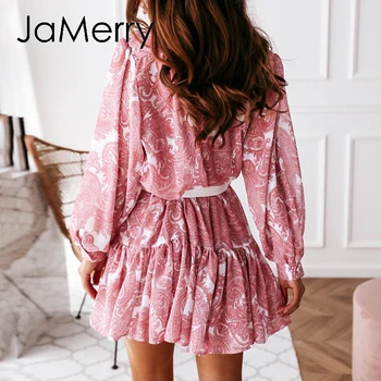 JaMerry Casual pink print, Lange ærmer chiffon kjole efterårsferien høj talje flæse kjole Kontor dame kvinder kjole vestidos