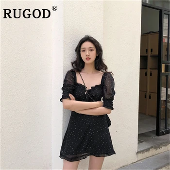 RUGOD Vintage sexet off skulder mini kjole til Elegante kvinder flæser dot trykt chiffon kjoler koreanske snøre black kjoler