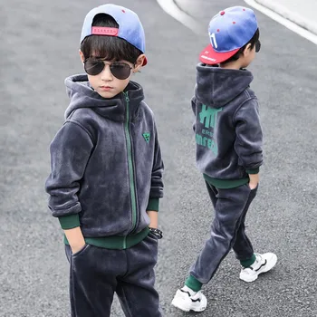Børn Træningsdragt Sæt Efterår Og Vinter Fashion Velvet Drenge Tøj til Børn koreanske Version Hætteklædte Jakke+Bukser 2stk Drenge Udstyr