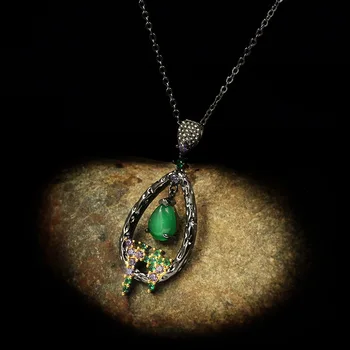 Vintage Luksus Smaragd Ametyst Ædelsten Halskæde Elegant Hængende Hule Vedhæng I 925 Sølv Damer Halskæde Smykker