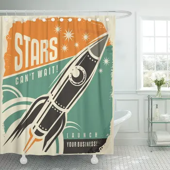 Retro Raket Stjerner Kan Ikke Vente Kreative Vintage badeforhæng Vandtæt 60 x 72 Cm Sæt med Kroge